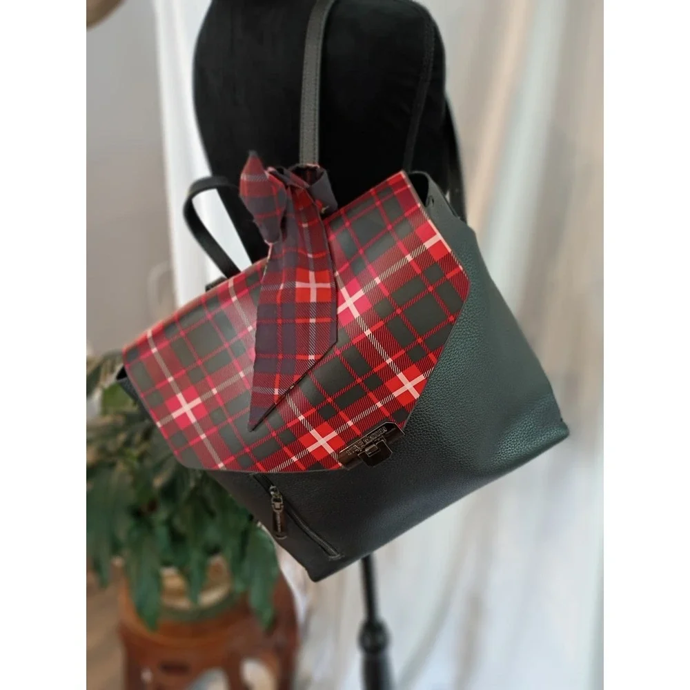 Steve Madden Black Pebbled Plaid Flap Backpack with‎ Floral Scarf Accent